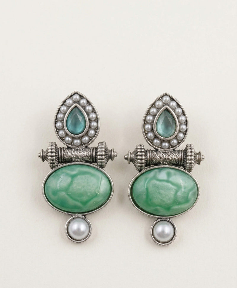 Layered Stone & Pearl Statement Earrings – Traditional Design — Green — Photo 1
