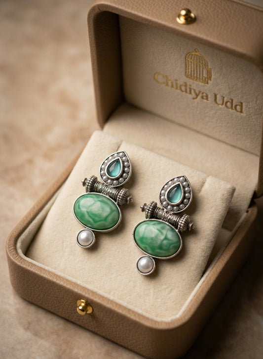 Layered Stone & Pearl Statement Earrings – Traditional Design — Green — Photo 2