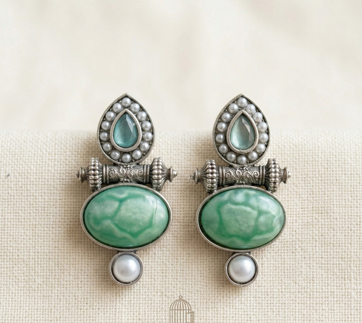 Layered Stone & Pearl Statement Earrings – Traditional Design — Green — Photo 4