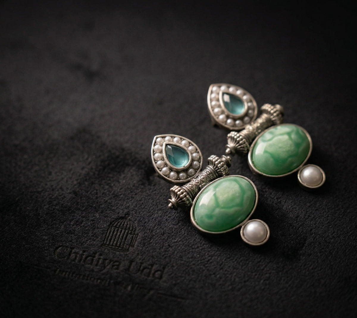 Layered Stone & Pearl Statement Earrings – Traditional Design — Green — Photo 5