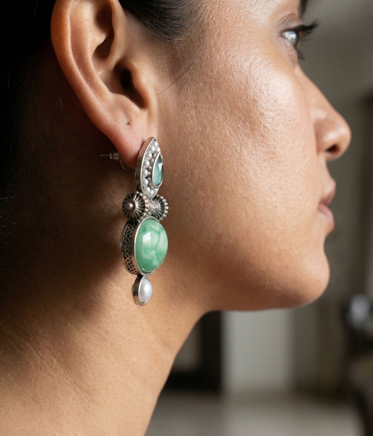 Layered Stone & Pearl Statement Earrings – Traditional Design — Green — Photo 6