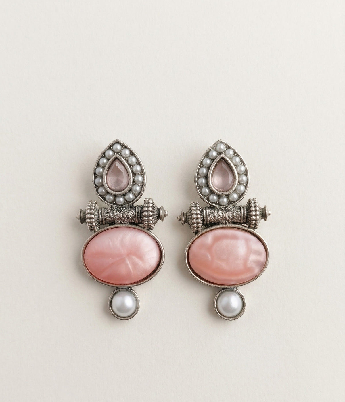 Layered Stone & Pearl Statement Earrings – Traditional Design — Pink — Photo 1