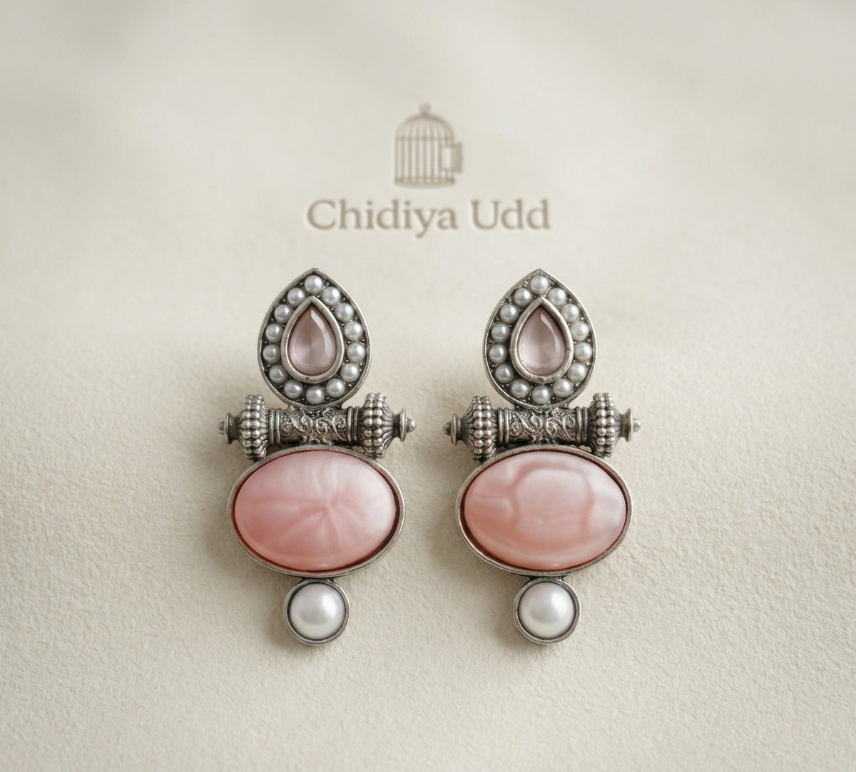 Layered Stone & Pearl Statement Earrings – Traditional Design — Pink — Photo 2