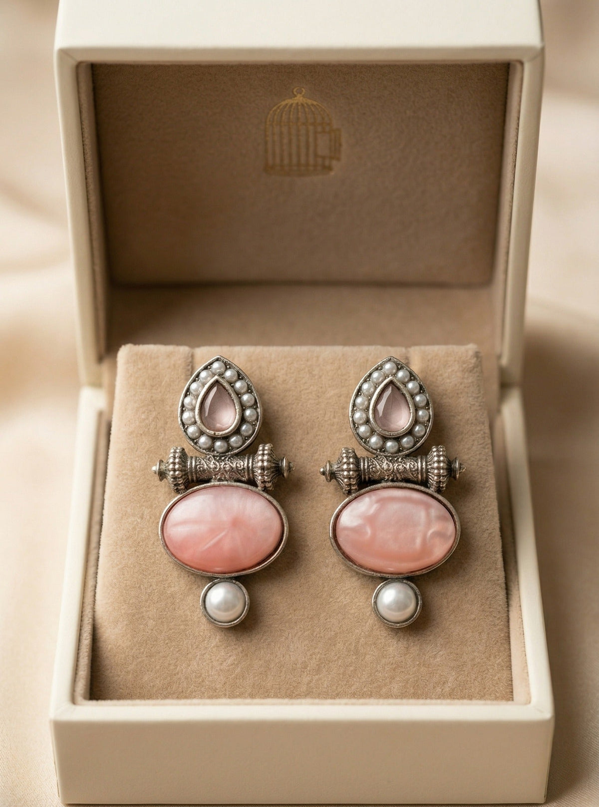 Layered Stone & Pearl Statement Earrings – Traditional Design — Pink — Photo 3