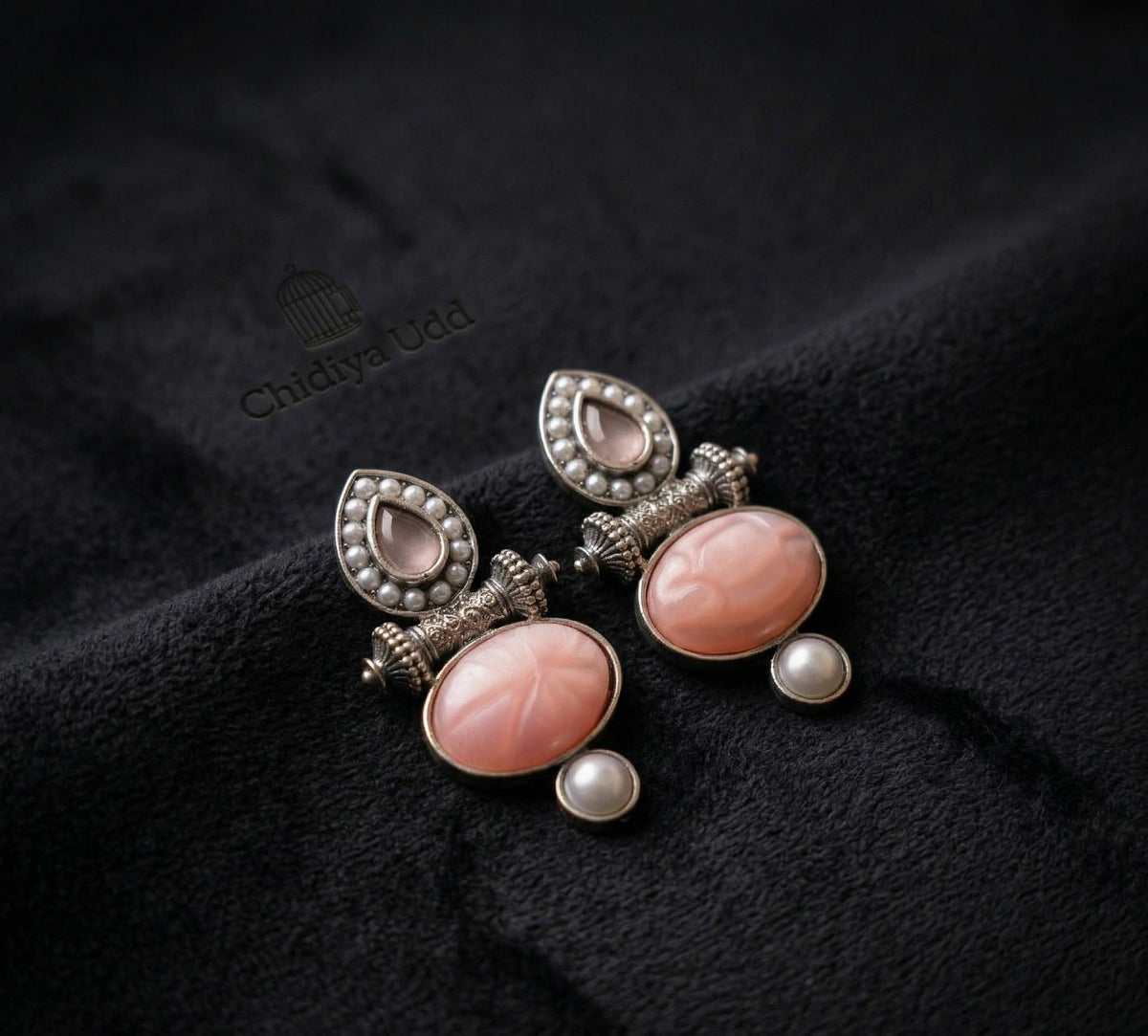 Layered Stone & Pearl Statement Earrings – Traditional Design — Pink — Photo 4