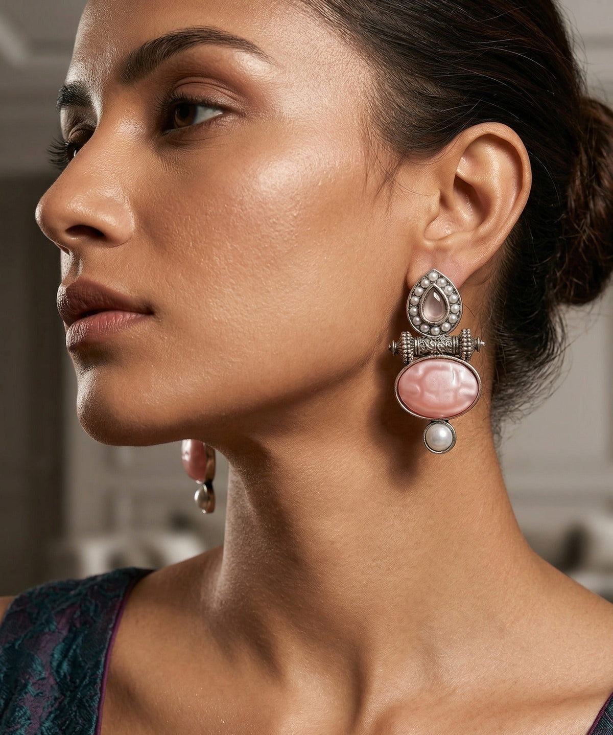 Layered Stone & Pearl Statement Earrings – Traditional Design — Pink — Photo 6