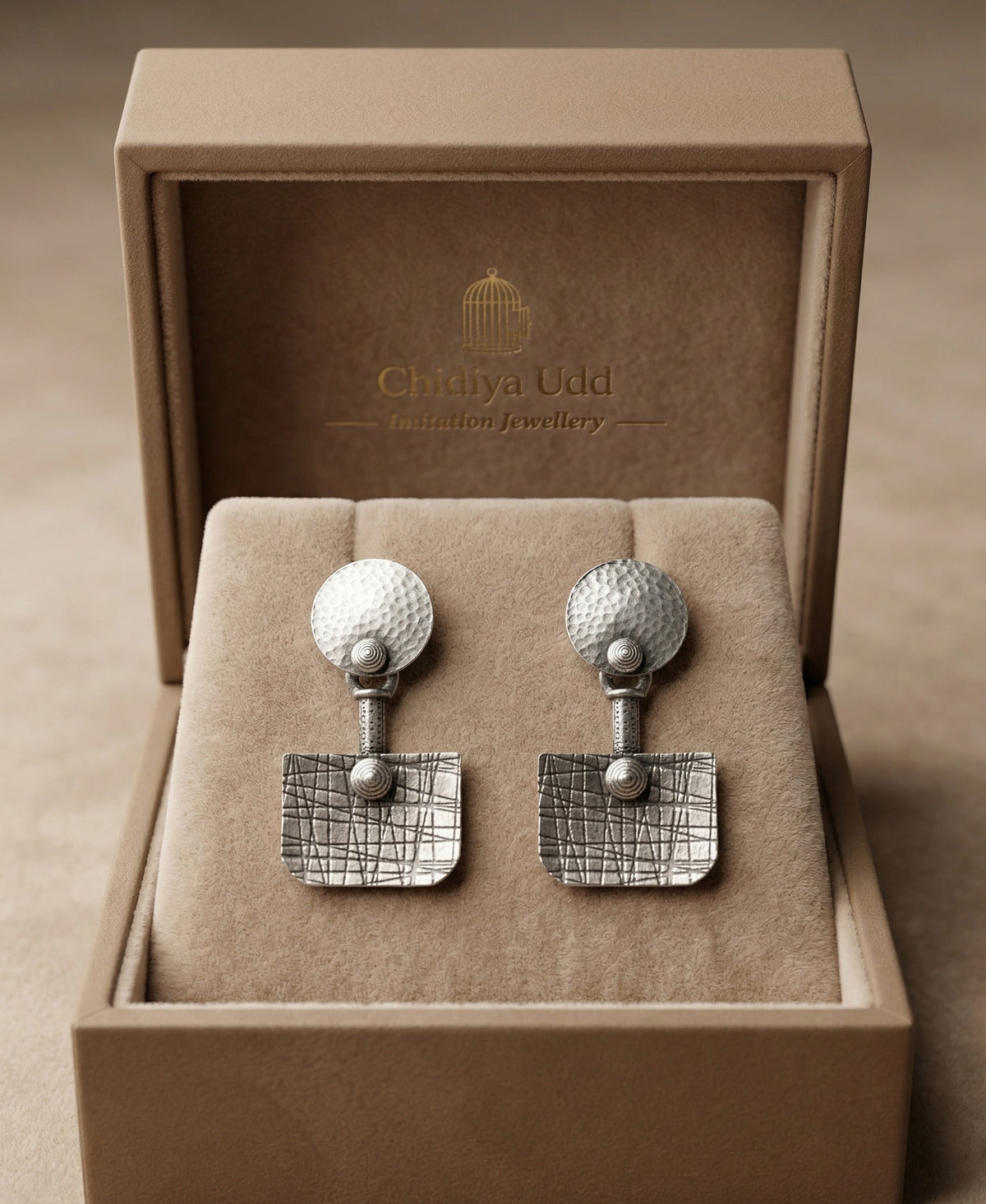 Silver Hammered Geometric Drop Earrings – Textured Statement Design