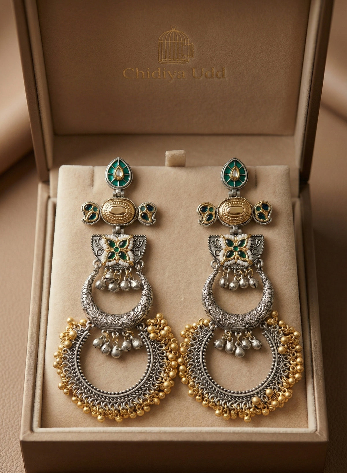 Meenakari Chandbali Statement Earrings – Traditional Design — Green — Photo 3