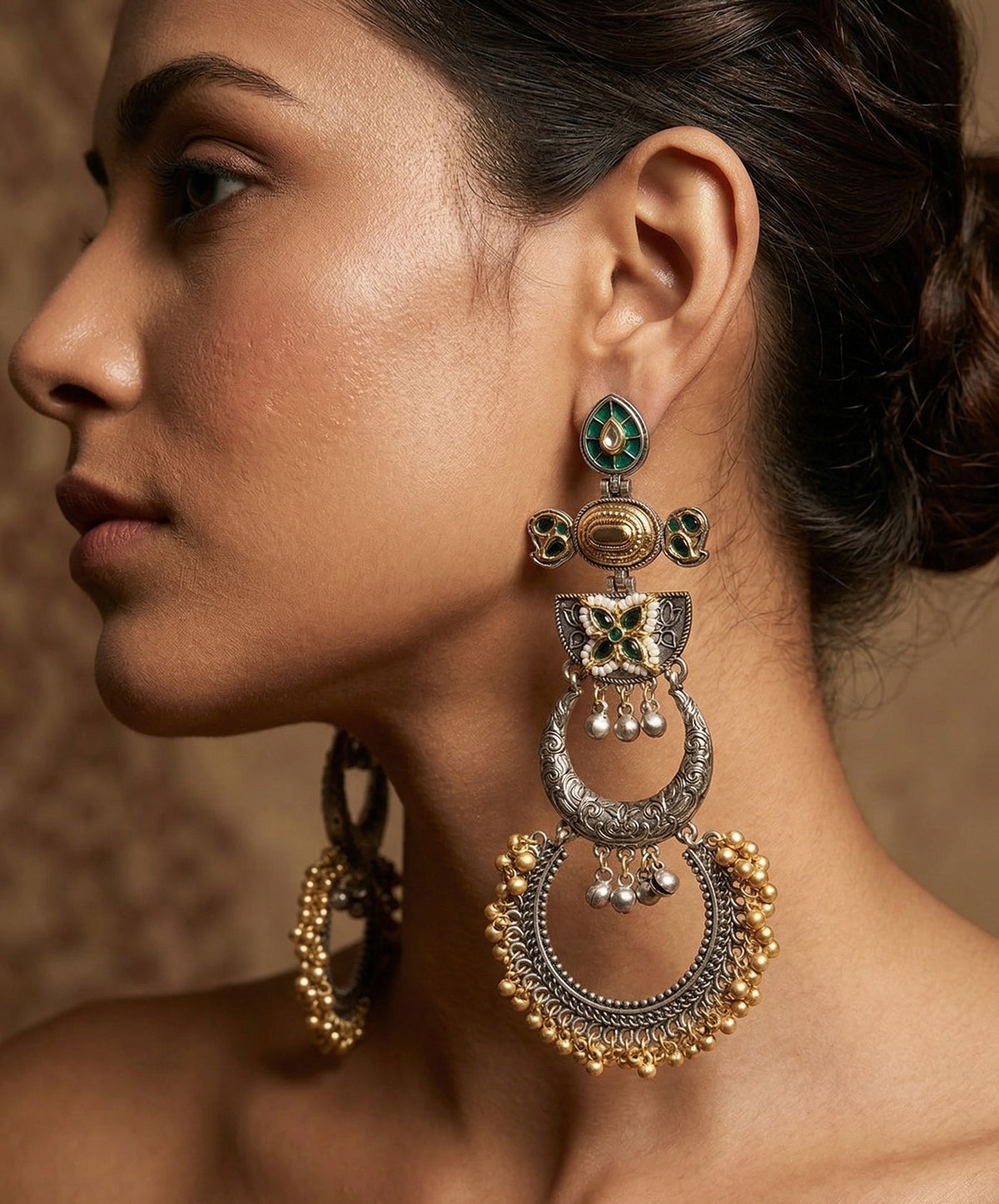 Meenakari Chandbali Statement Earrings – Traditional Design — Green — Photo 4
