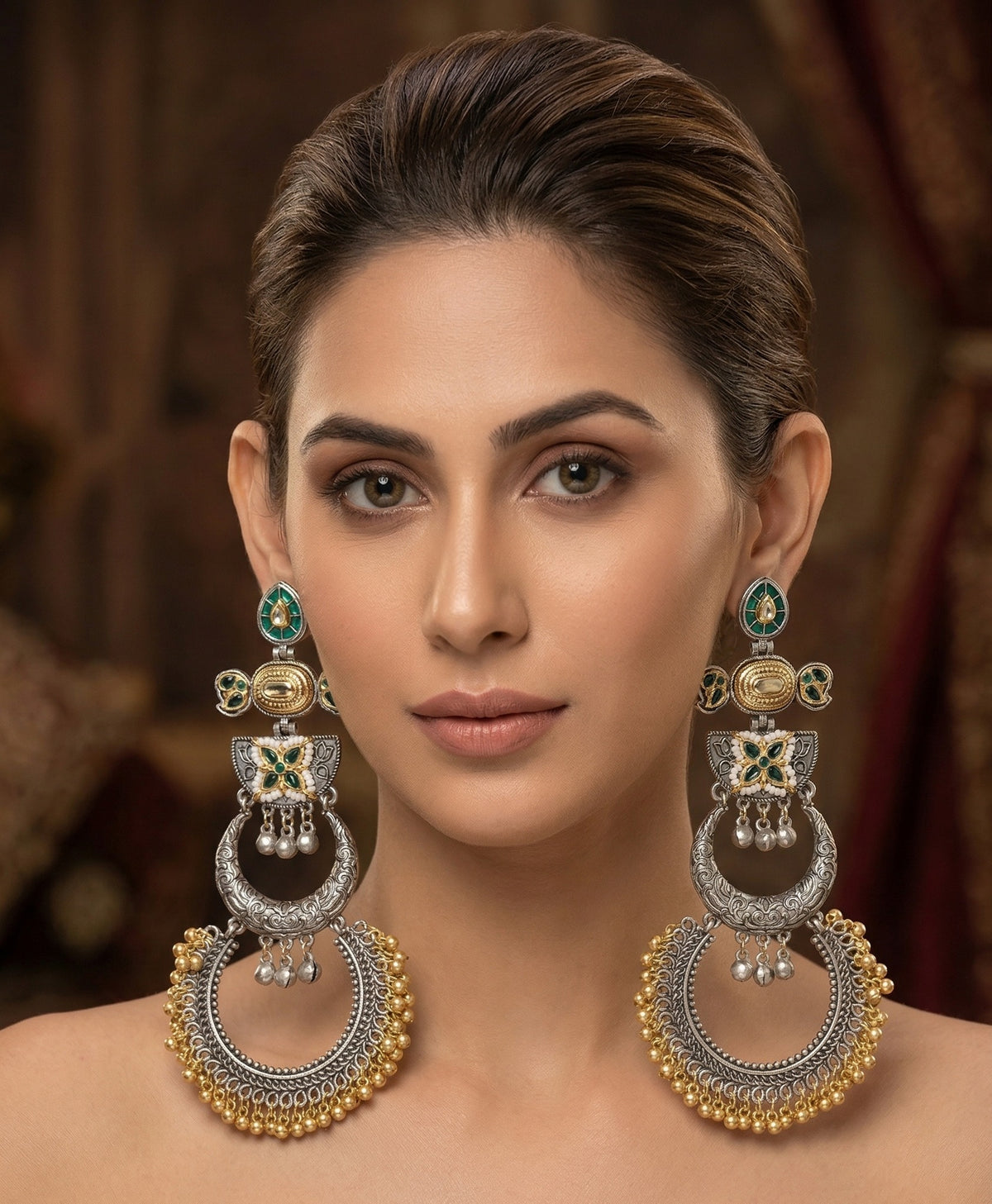 Meenakari Chandbali Statement Earrings – Traditional Design — Green — Photo 5