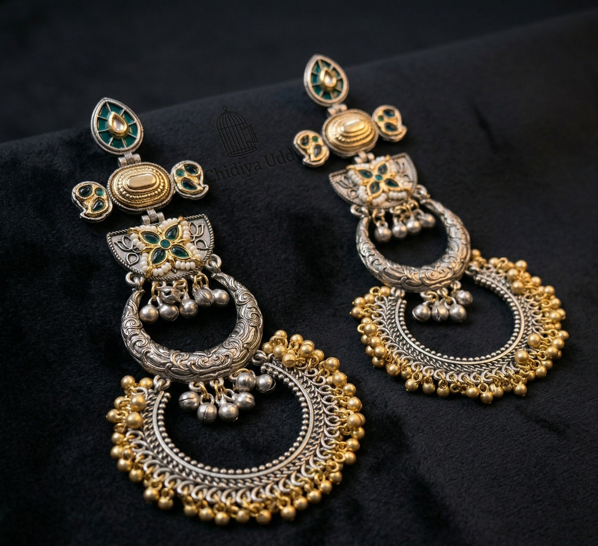 Meenakari Chandbali Statement Earrings – Traditional Design — Green — Photo 6