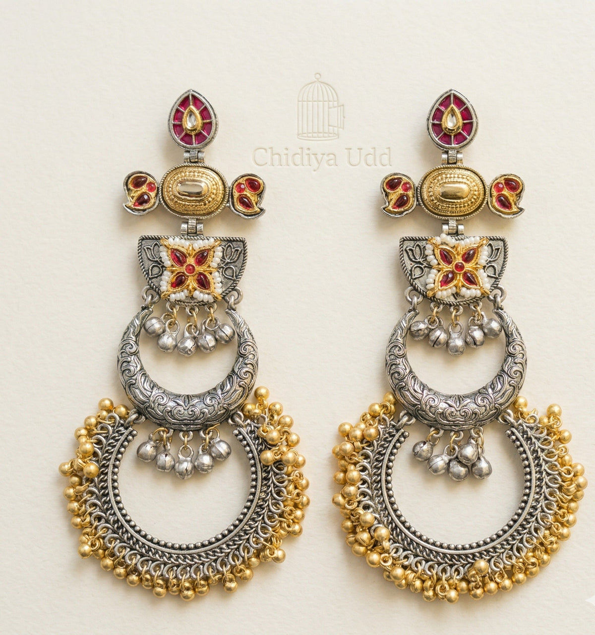 Meenakari Chandbali Statement Earrings – Traditional Design — Red — Photo 1