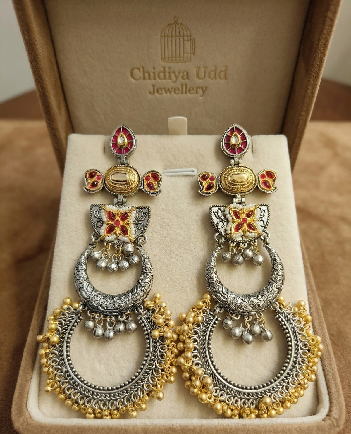 Meenakari Chandbali Statement Earrings – Traditional Design — Red — Photo 4