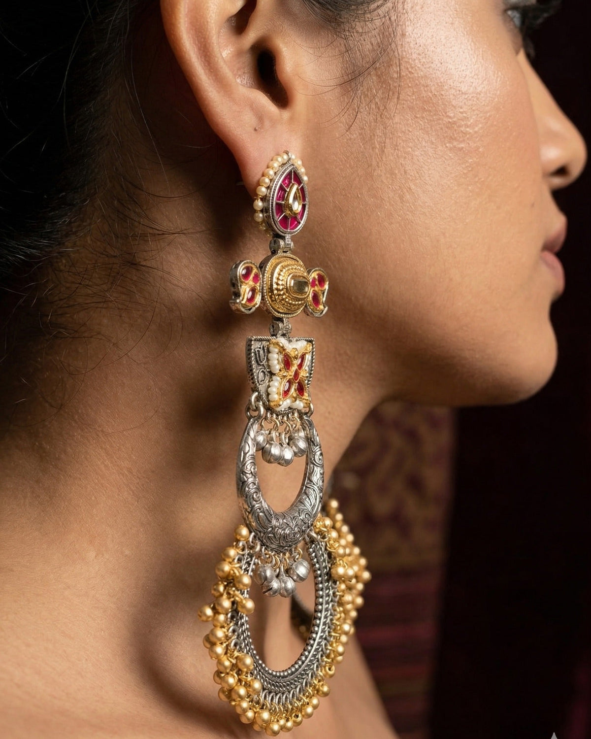 Meenakari Chandbali Statement Earrings – Traditional Design — Red — Photo 5