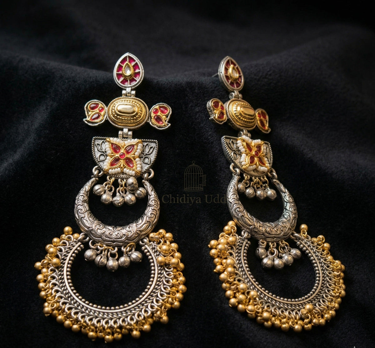 Meenakari Chandbali Statement Earrings – Traditional Design — Red — Photo 6