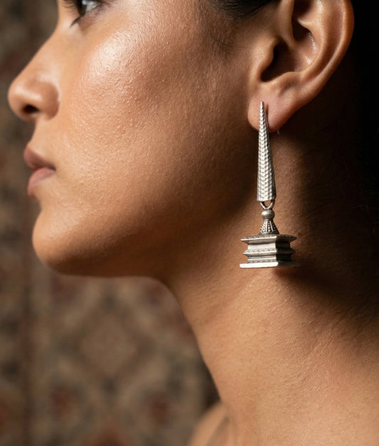 Silver hammered geometric drop earrings with architectural silhouette