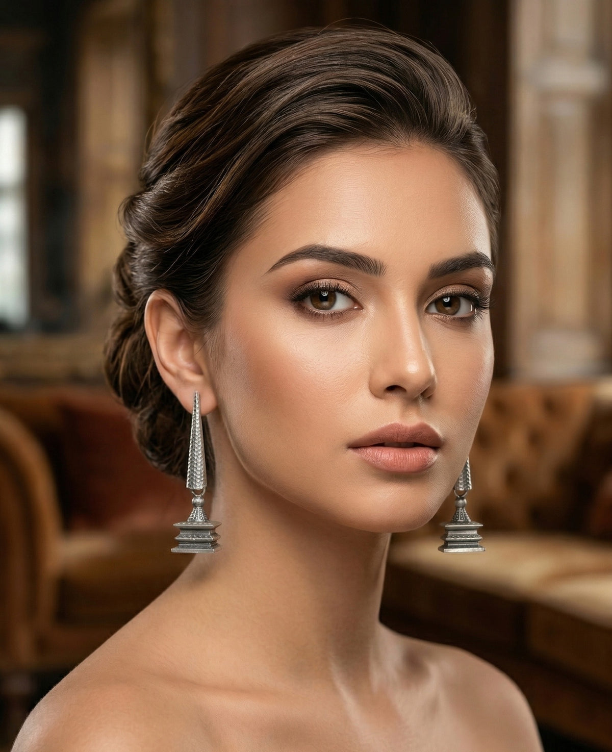 Silver hammered geometric drop earrings with architectural silhouette