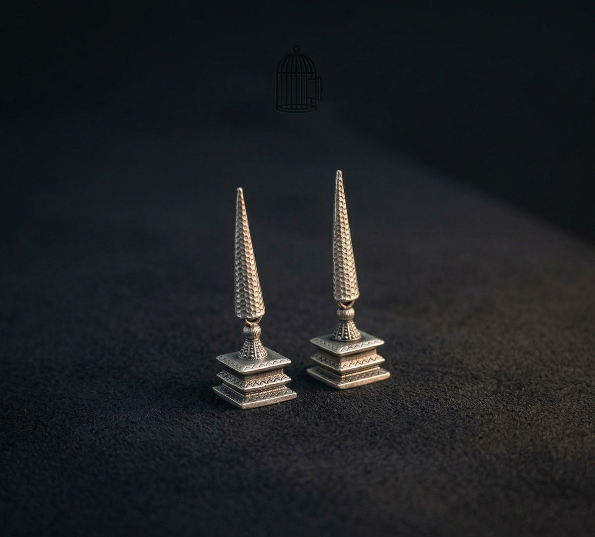 Silver hammered geometric drop earrings with architectural silhouette