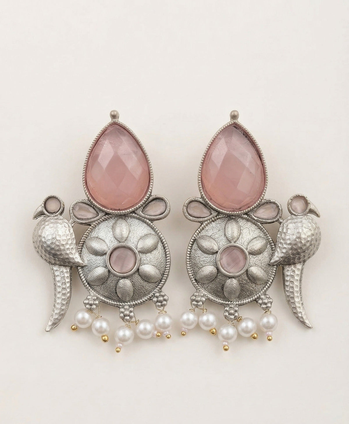 Bird-Inspired Floral Statement Earrings – Ethnic Design — Pink — Photo 1