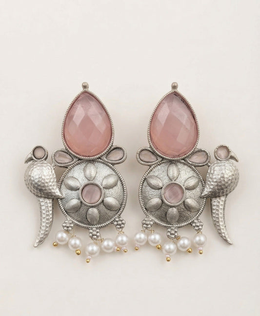 Bird-Inspired Floral Statement Earrings – Ethnic Design — Pink — Photo 1