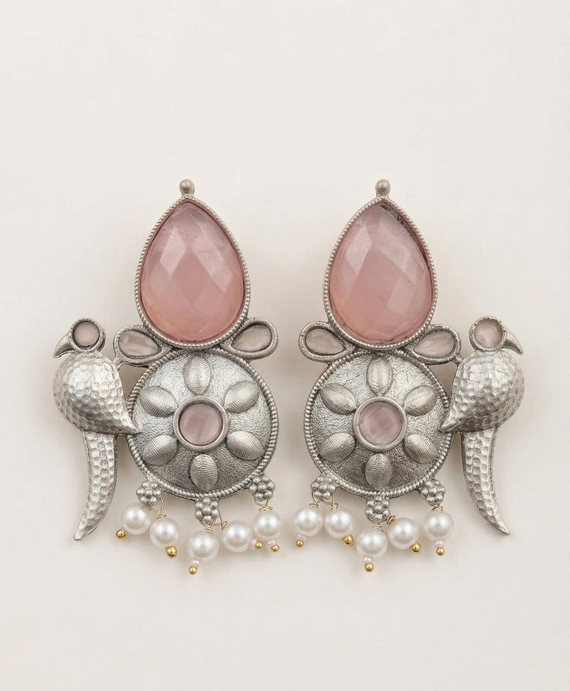 Bird-Inspired Floral Statement Earrings – Ethnic Design — Pink — Photo 1