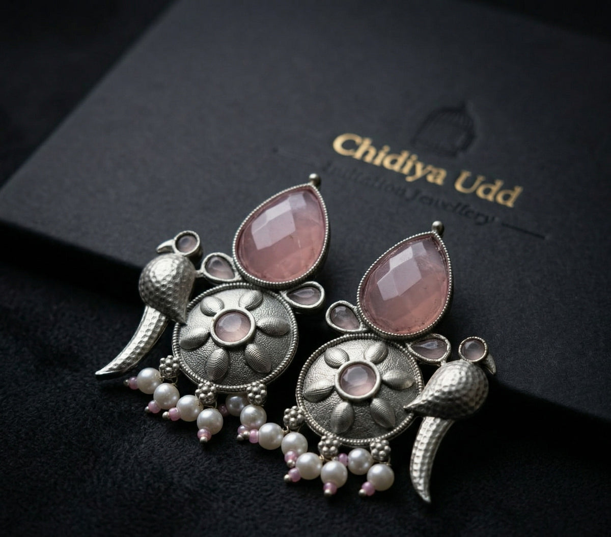 Bird-Inspired Floral Statement Earrings – Ethnic Design — Pink — Photo 3