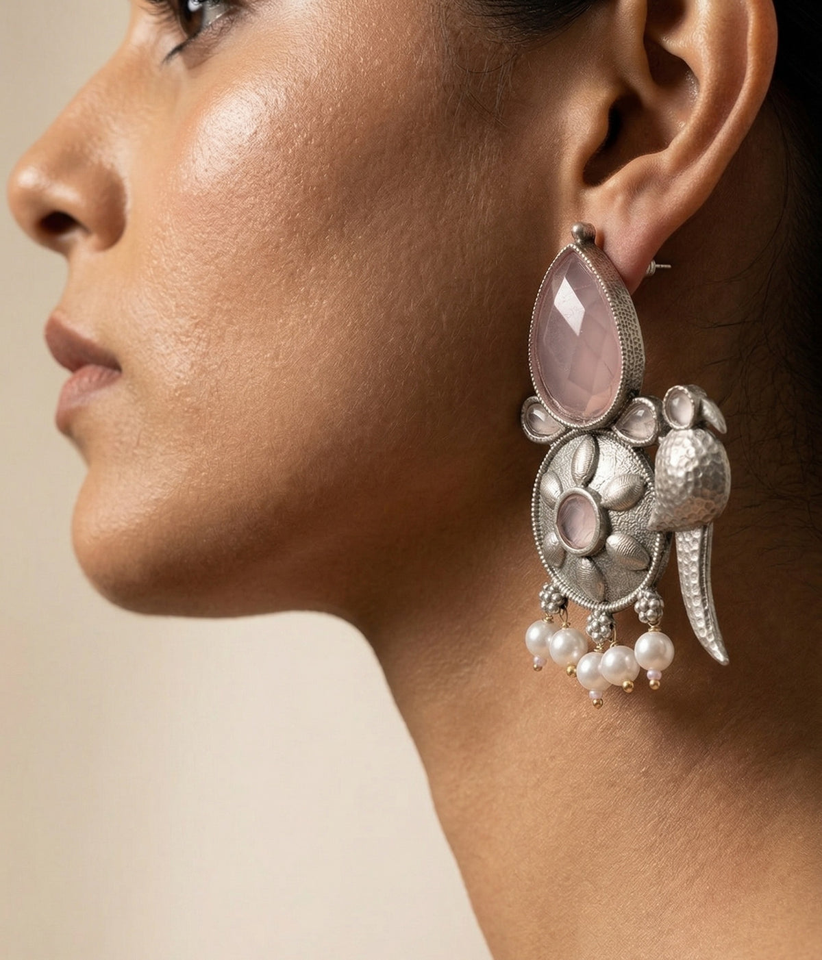 Bird-Inspired Floral Statement Earrings – Ethnic Design — Pink — Photo 4