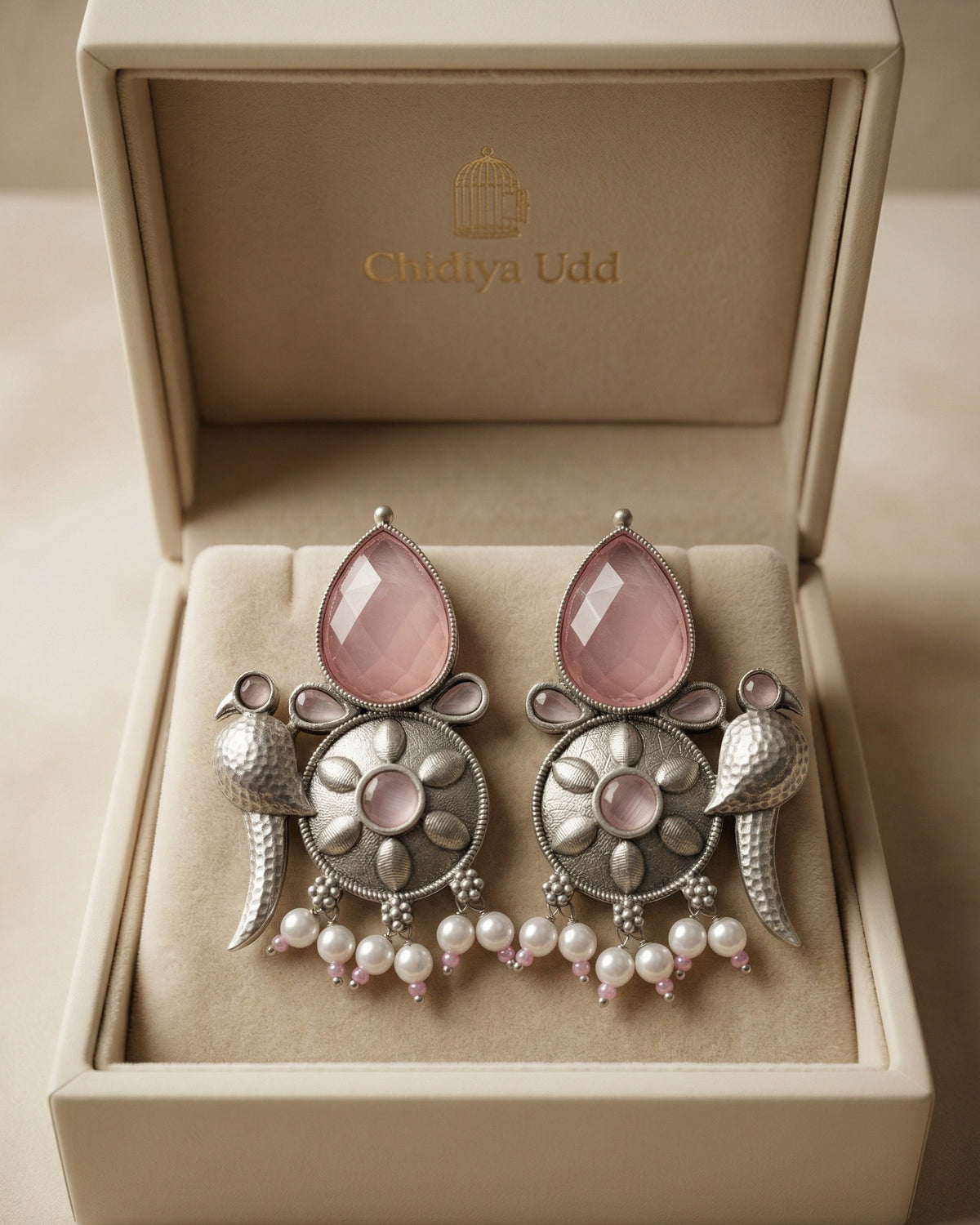 Bird-Inspired Floral Statement Earrings – Ethnic Design — Pink — Photo 5
