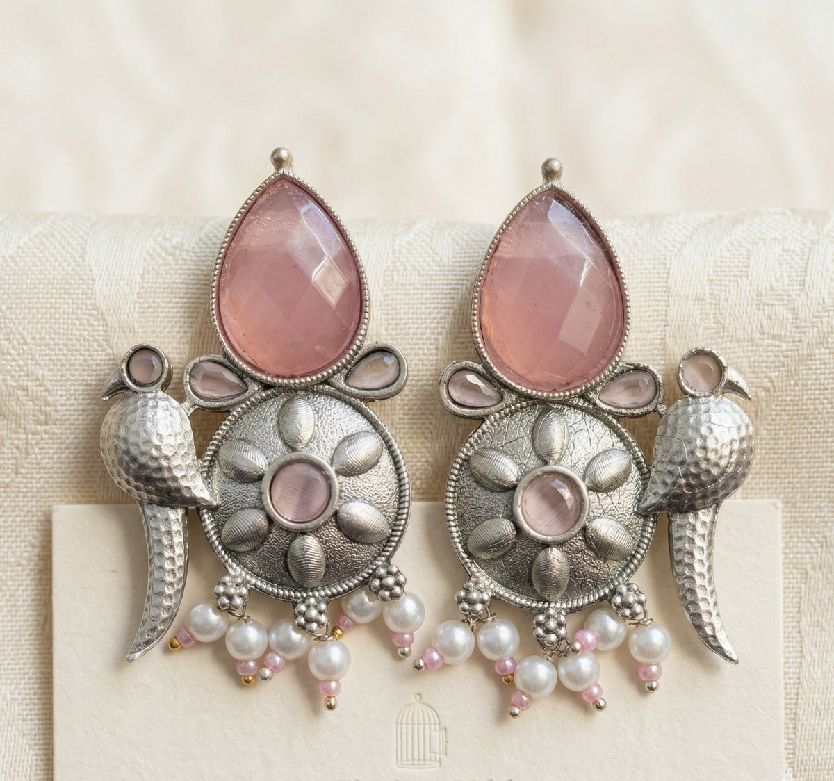 Bird-Inspired Floral Statement Earrings – Ethnic Design — Pink — Photo 6