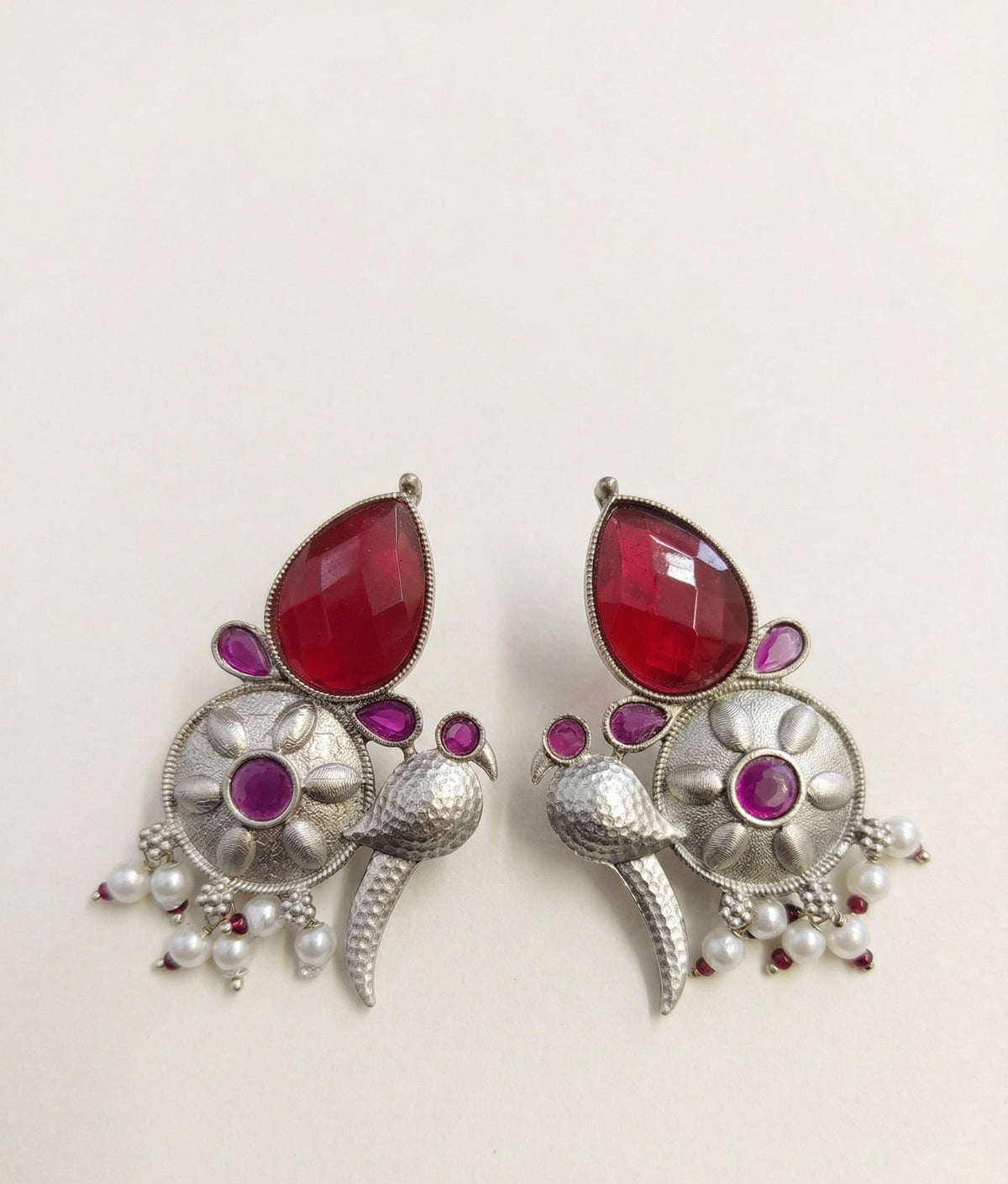 Peacock-Inspired Floral Statement Earrings – Ethnic Design — Magenta — Photo 1