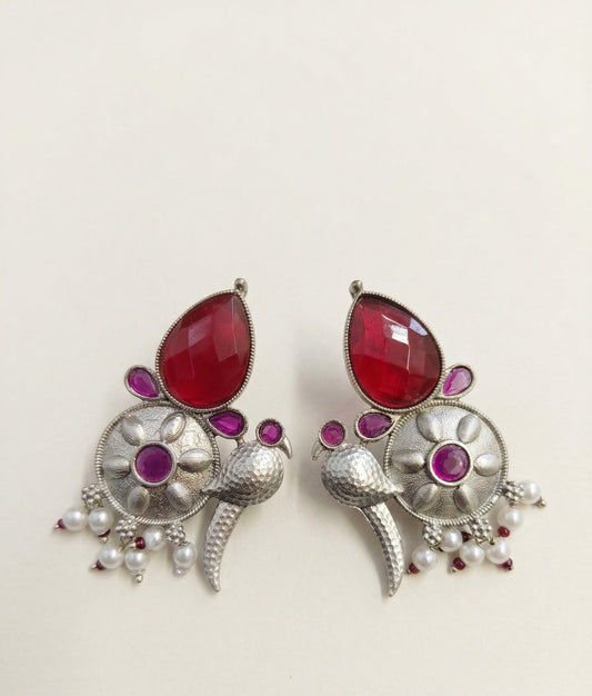 Peacock-Inspired Floral Statement Earrings – Ethnic Design — Magenta — Photo 1