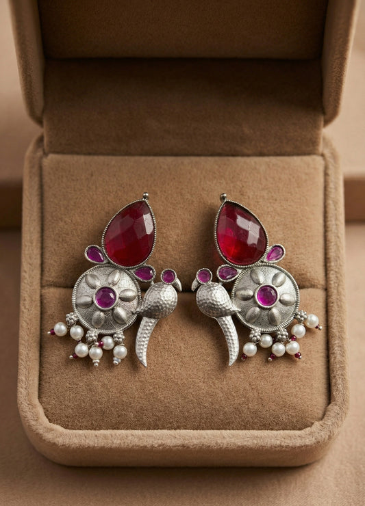 Peacock-Inspired Floral Statement Earrings – Ethnic Design — Magenta — Photo 2