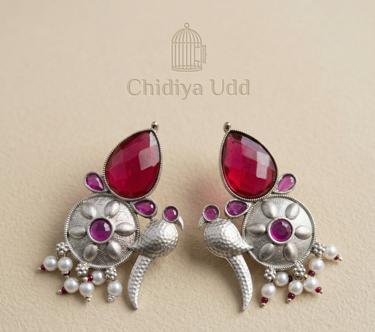 Peacock-Inspired Floral Statement Earrings – Ethnic Design — Magenta — Photo 3