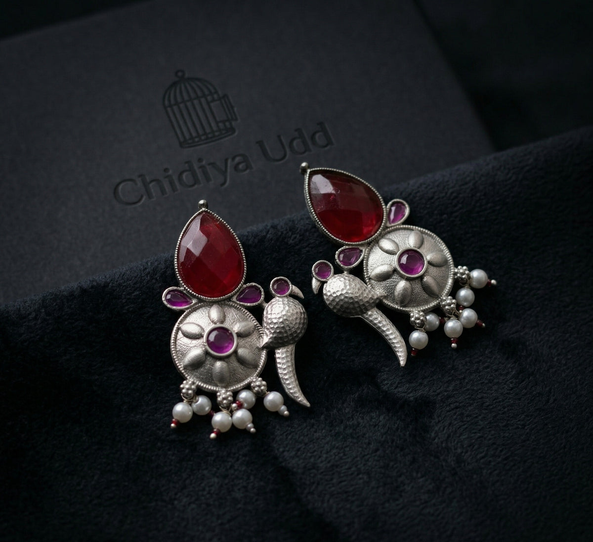 Peacock-Inspired Floral Statement Earrings – Ethnic Design — Magenta — Photo 4