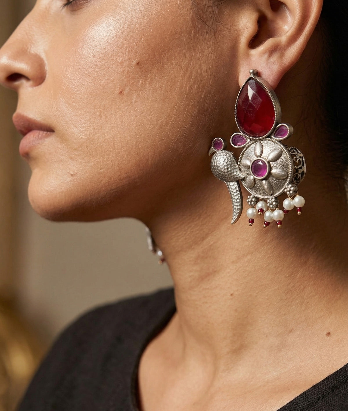 Peacock-Inspired Floral Statement Earrings – Ethnic Design — Magenta — Photo 5