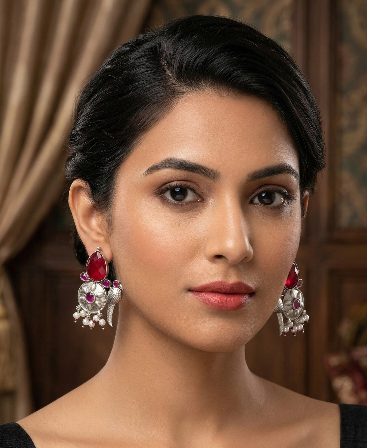 Peacock-Inspired Floral Statement Earrings – Ethnic Design — Magenta — Photo 6