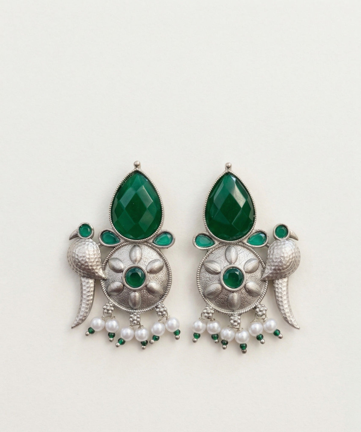 Peacock-Inspired Floral Statement Earrings – Ethnic Design — Green — Photo 1