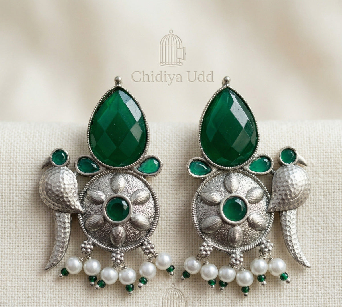 Peacock-Inspired Floral Statement Earrings – Ethnic Design — Green — Photo 2