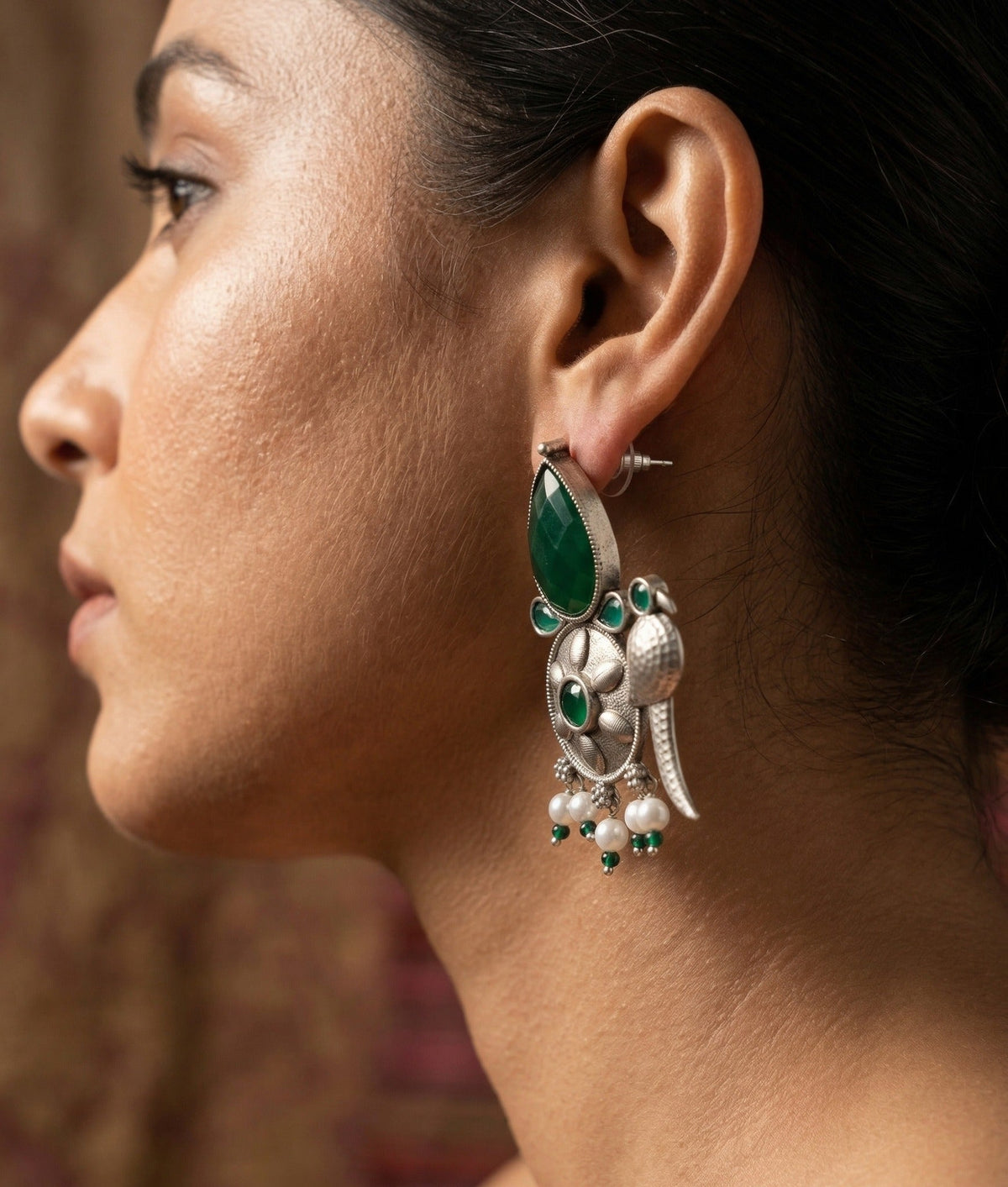 Peacock-Inspired Floral Statement Earrings – Ethnic Design — Green — Photo 3