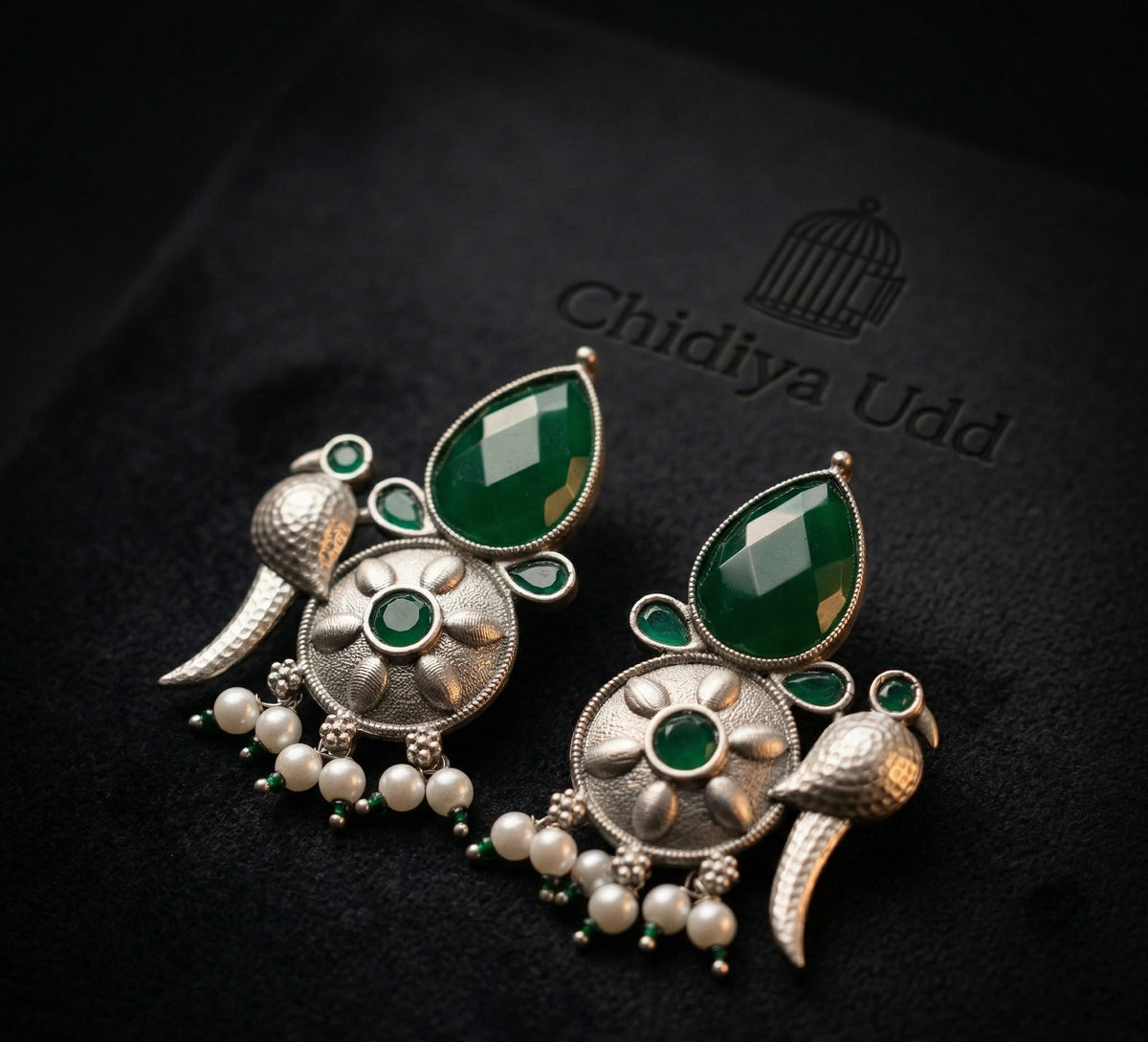 Peacock-Inspired Floral Statement Earrings – Ethnic Design — Green — Photo 4