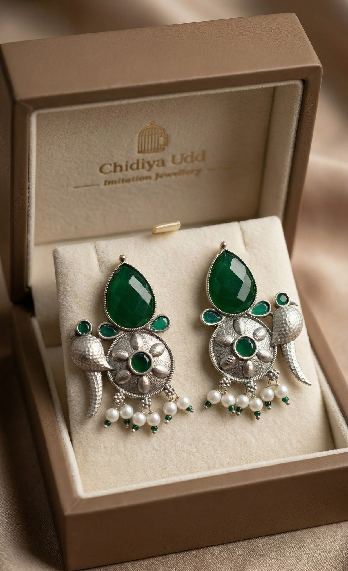 Peacock-Inspired Floral Statement Earrings – Ethnic Design — Green — Photo 6