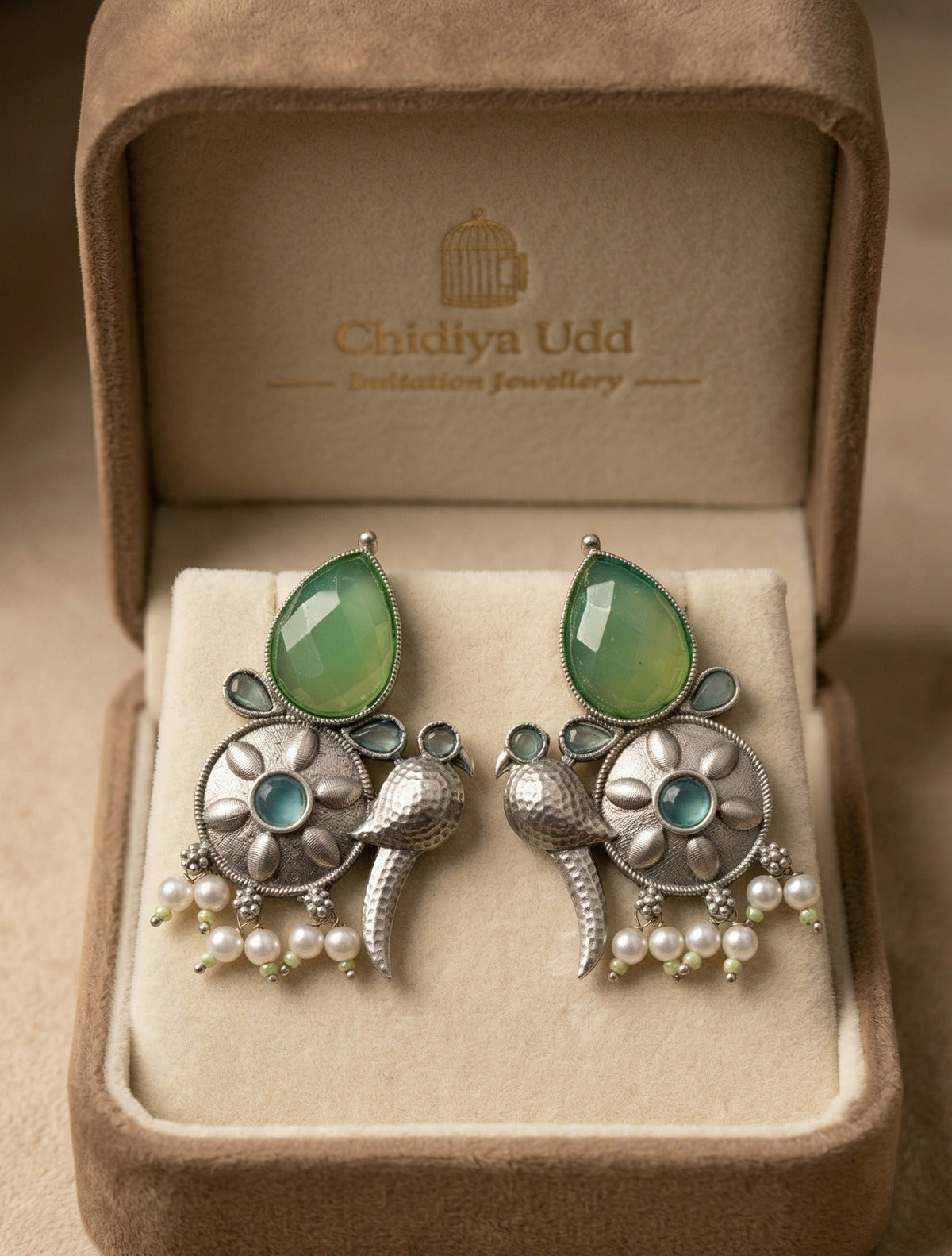 Bird-Inspired Floral Statement Earrings – Ethnic Design — Green — Photo 2