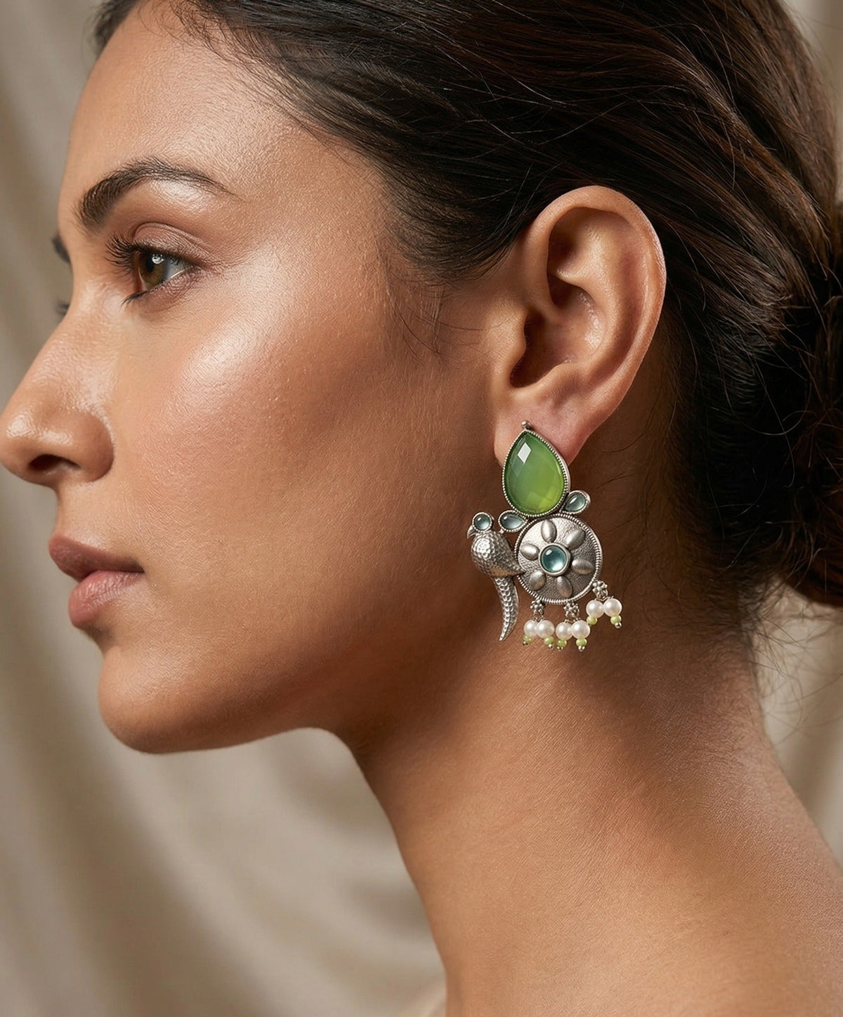 Bird-Inspired Floral Statement Earrings – Ethnic Design — Green — Photo 3