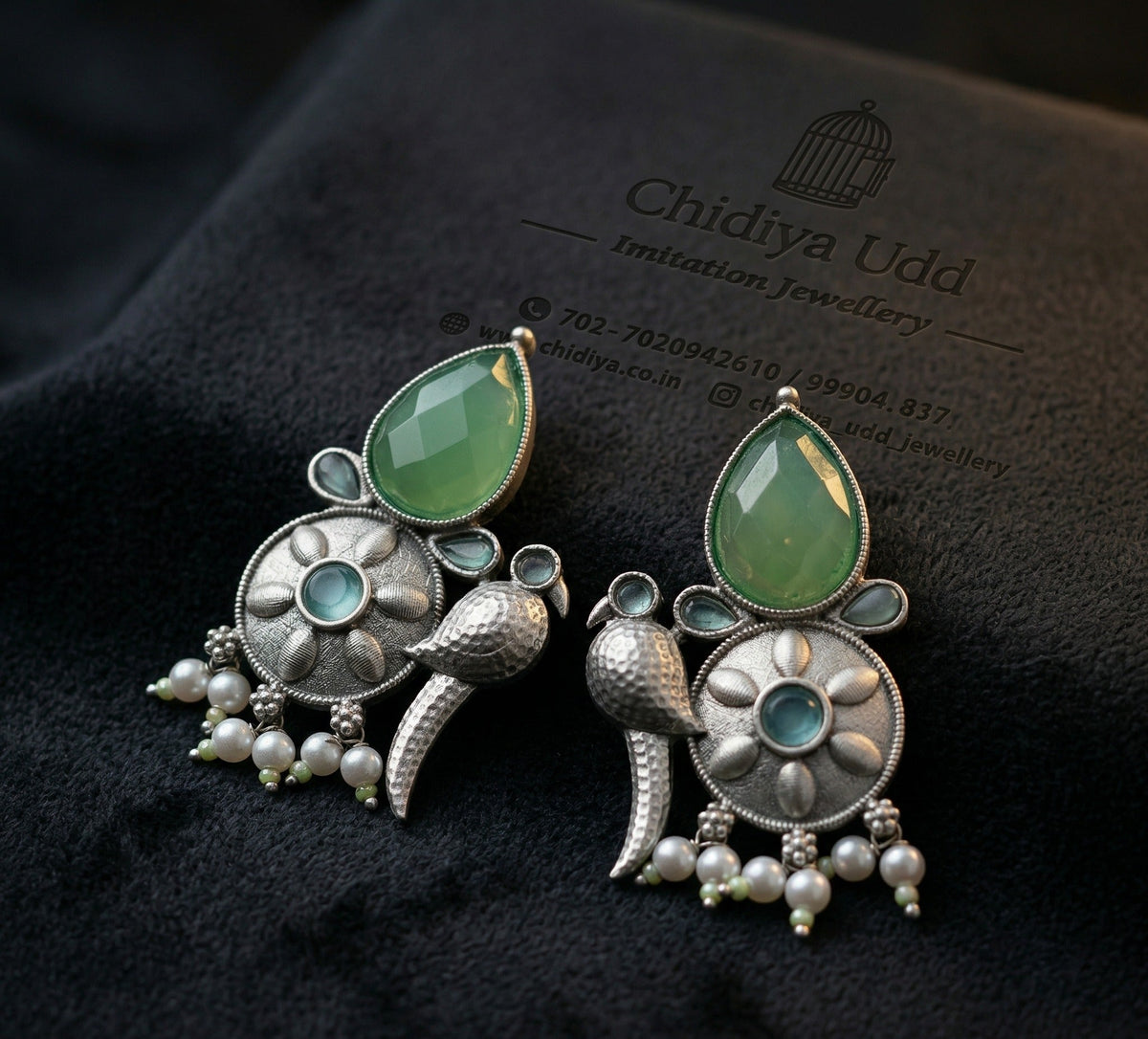 Bird-Inspired Floral Statement Earrings – Ethnic Design — Green — Photo 4