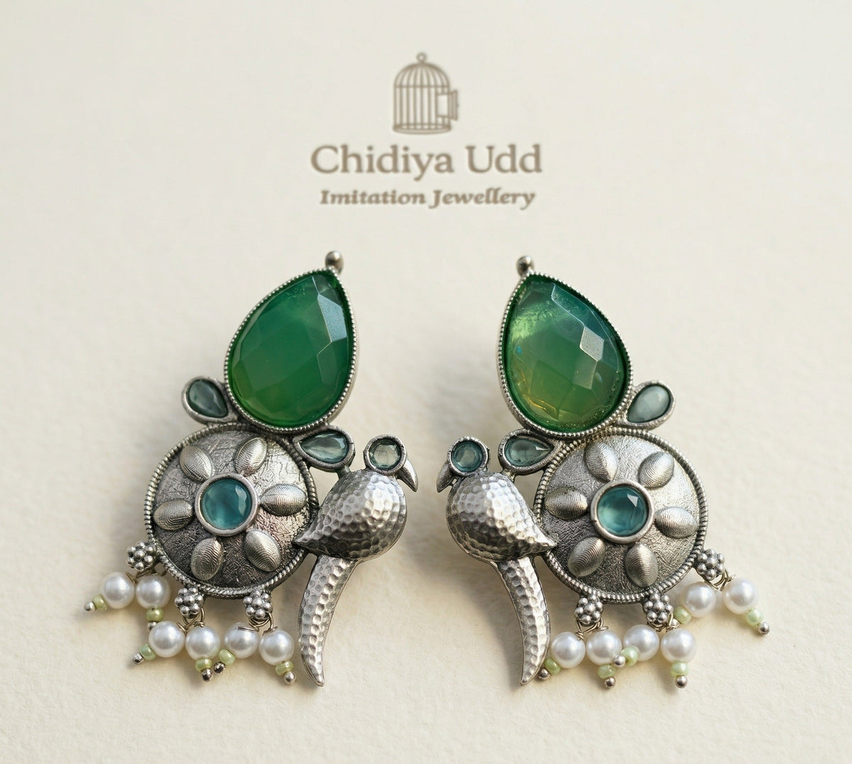 Bird-Inspired Floral Statement Earrings – Ethnic Design — Green — Photo 6