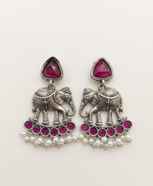 Elephant Statement Earrings – Traditional Ethnic Design — Magenta — Photo 1