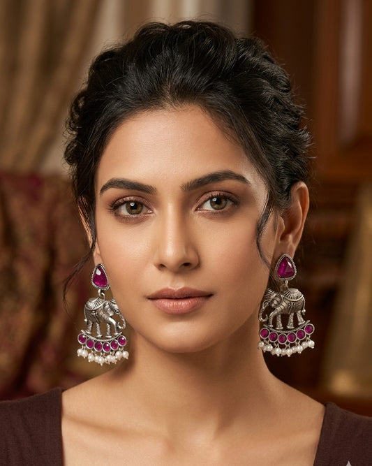Elephant Statement Earrings – Traditional Ethnic Design — Magenta — Photo 2