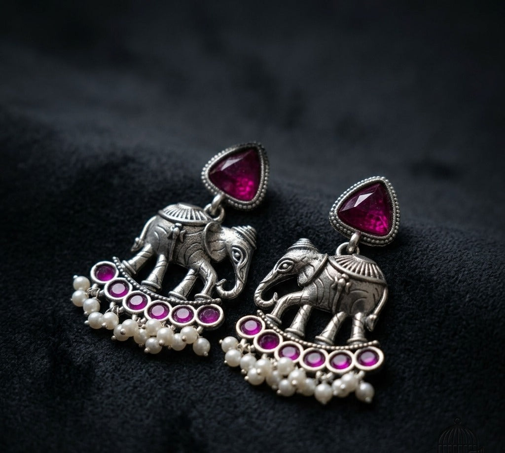 Elephant Statement Earrings – Traditional Ethnic Design — Magenta — Photo 3