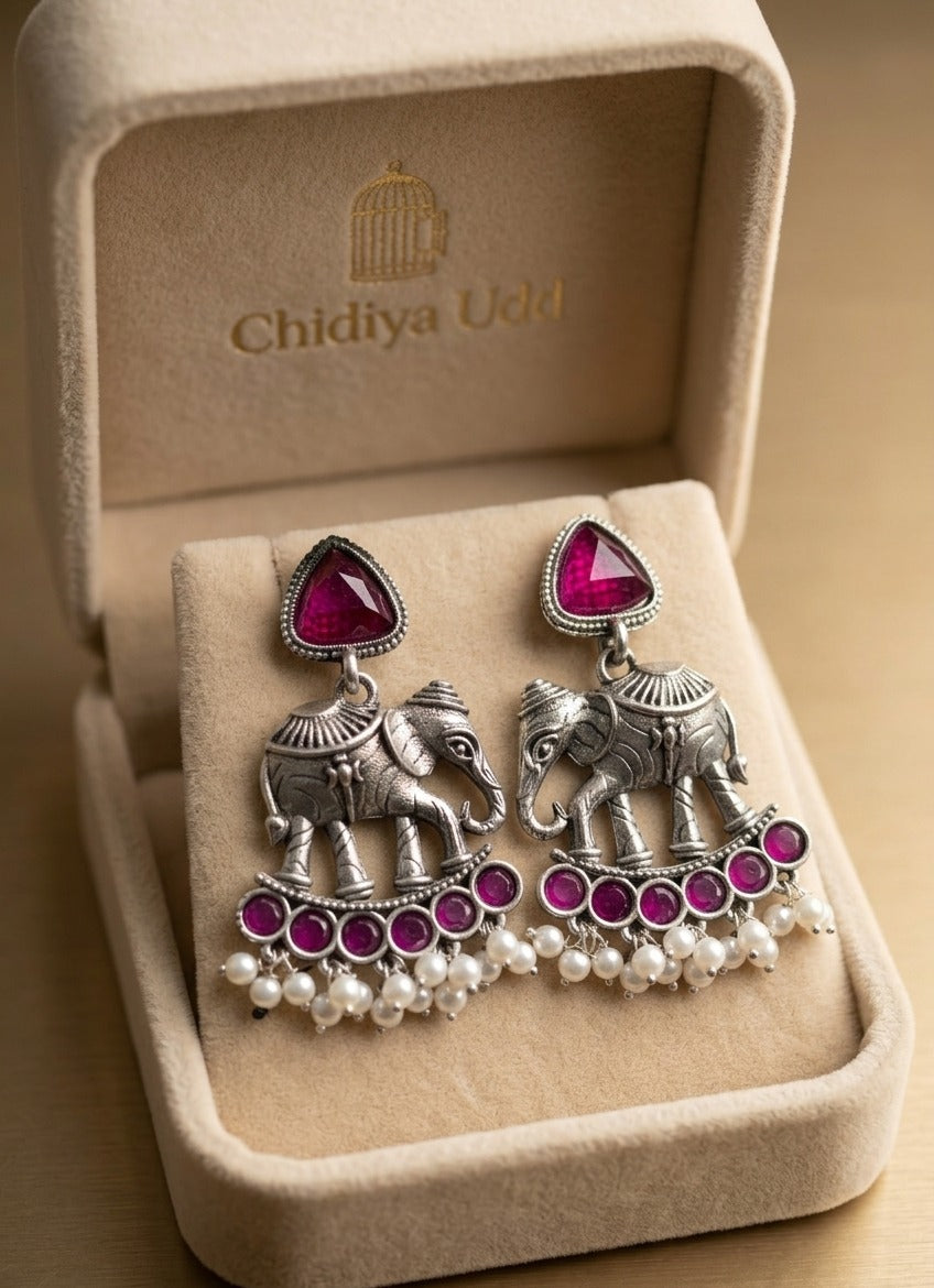 Elephant Statement Earrings – Traditional Ethnic Design — Magenta — Photo 4
