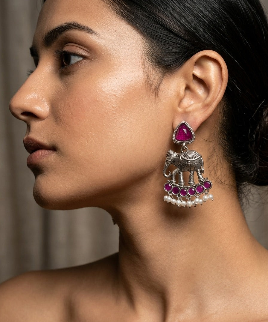 Elephant Statement Earrings – Traditional Ethnic Design — Magenta — Photo 5